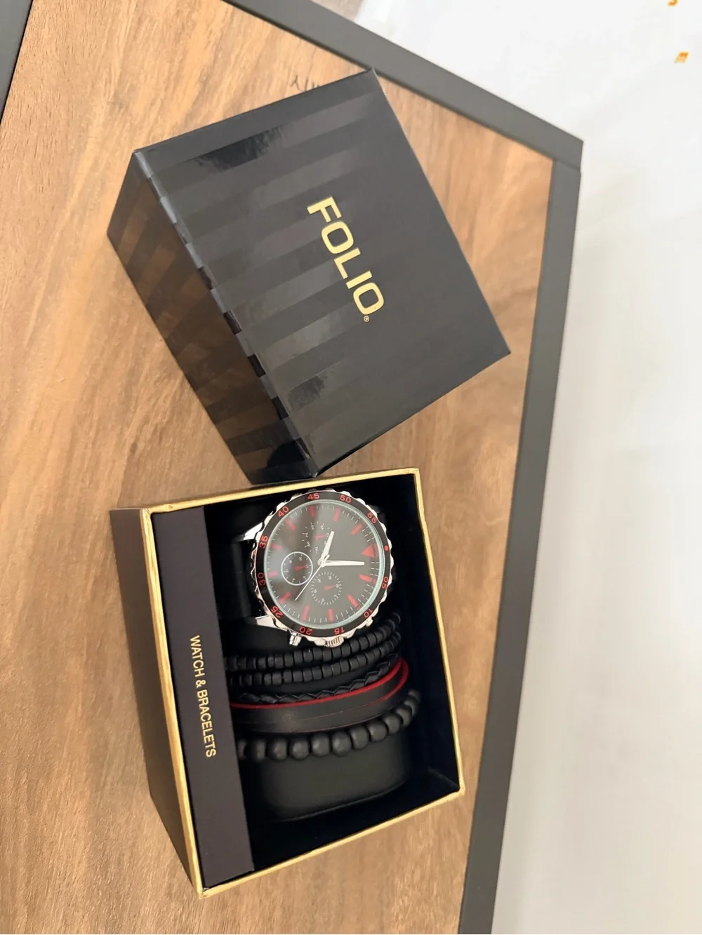 Men's Black and Red Chronograph Watch with Bracelet Set